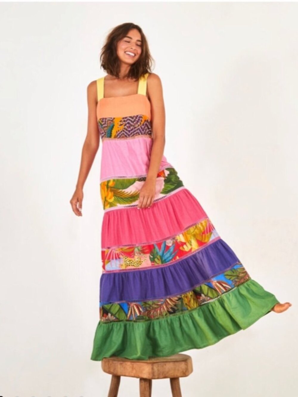 Farm Rio Rainbow Mixed Prints Colorful Boho Tropical Sleeveless Maxi Dress XL